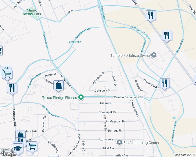 map of restaurants, bars, coffee shops, grocery stores, and more near 12132 Valladolid Drive in San Elizario