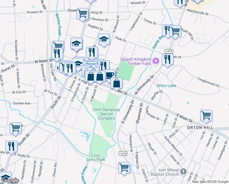 map of restaurants, bars, coffee shops, grocery stores, and more near 720 East Main Street in Nacogdoches