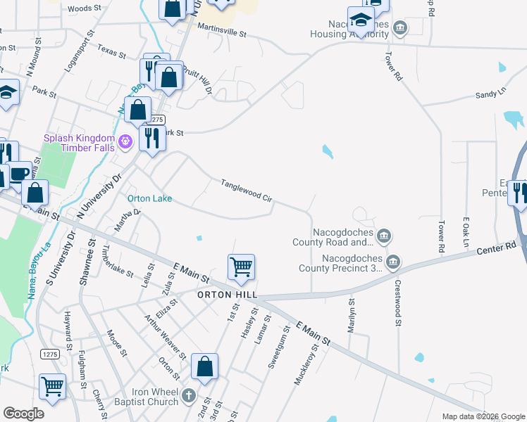 map of restaurants, bars, coffee shops, grocery stores, and more near 1815 Tanglewood Circle in Nacogdoches
