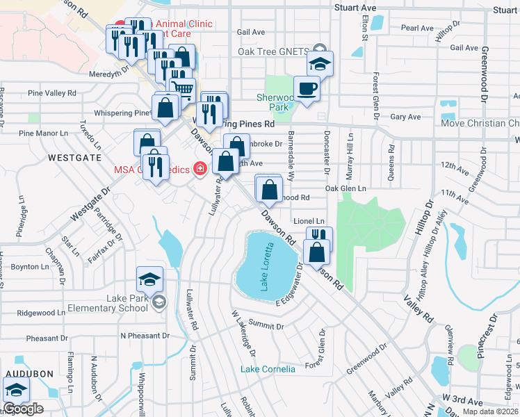 map of restaurants, bars, coffee shops, grocery stores, and more near Dawson Road in Albany