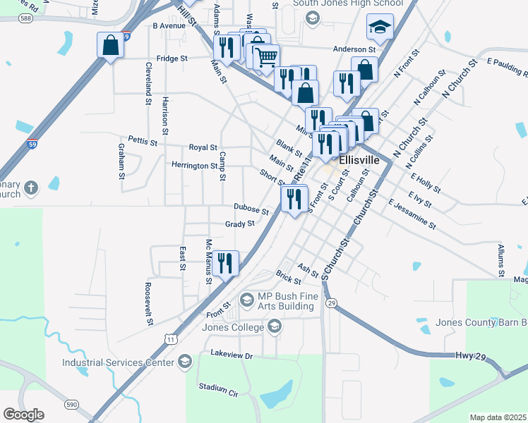 map of restaurants, bars, coffee shops, grocery stores, and more near 401-499 South Deason Street in Ellisville