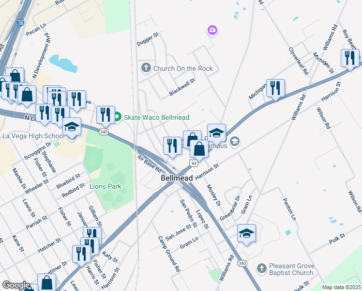 map of restaurants, bars, coffee shops, grocery stores, and more near 4120 Bellmead Drive in Waco
