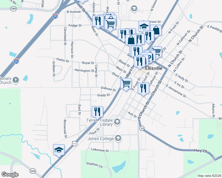 map of restaurants, bars, coffee shops, grocery stores, and more near 401-499 South Deason Street in Ellisville