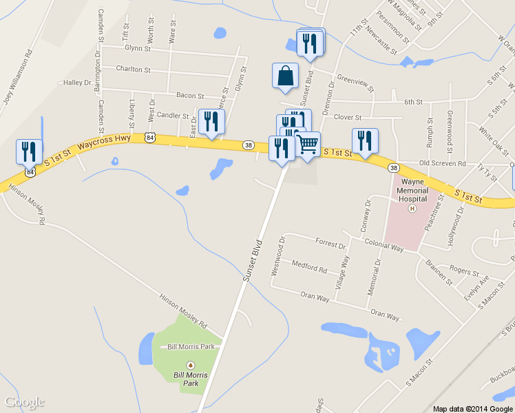 map of restaurants, bars, coffee shops, grocery stores, and more near 1580 Sunset Boulevard in Jesup