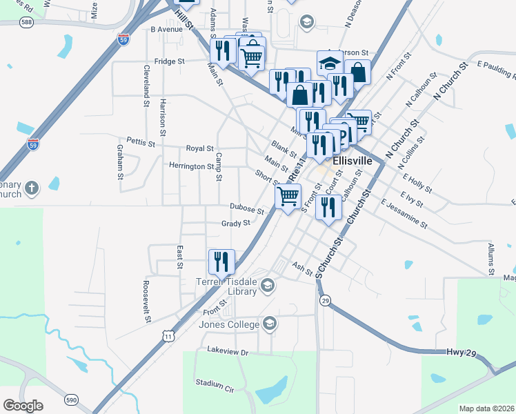 map of restaurants, bars, coffee shops, grocery stores, and more near 401-499 South Deason Street in Ellisville