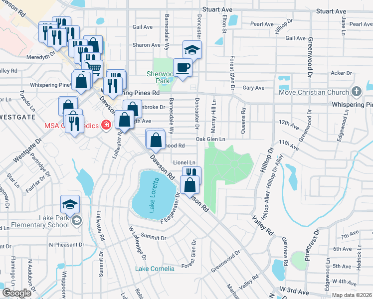 map of restaurants, bars, coffee shops, grocery stores, and more near 2266a Robinhood Road in Albany