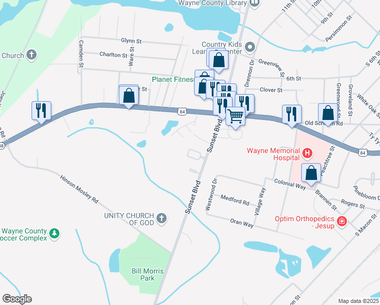 map of restaurants, bars, coffee shops, grocery stores, and more near 1580 Sunset Boulevard in Jesup