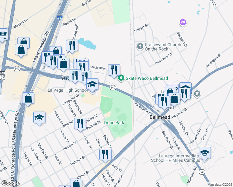 map of restaurants, bars, coffee shops, grocery stores, and more near 500 Texas Loop 340 in Waco