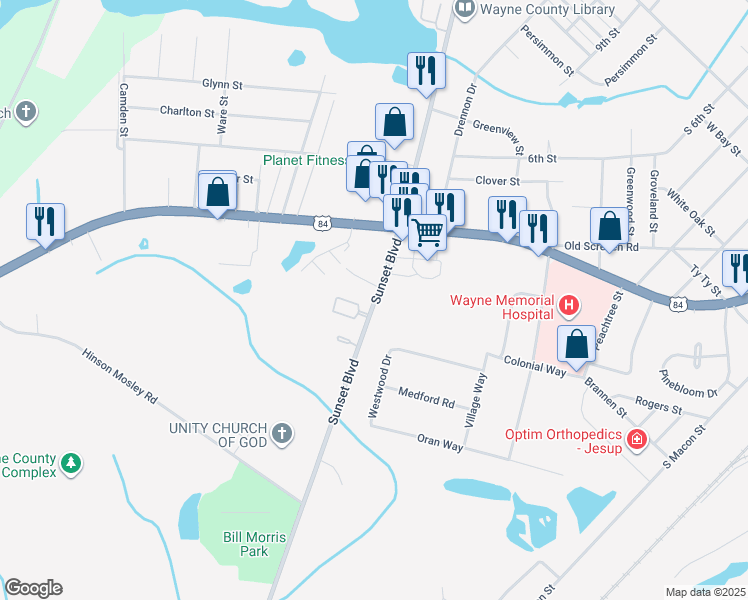 map of restaurants, bars, coffee shops, grocery stores, and more near 1654 Sunset Boulevard in Jesup