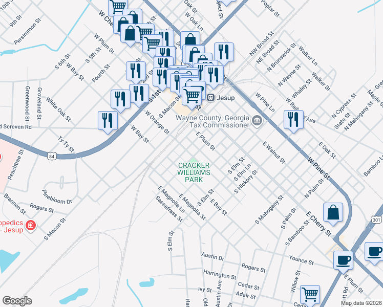 map of restaurants, bars, coffee shops, grocery stores, and more near 3 East Orange Street in Jesup