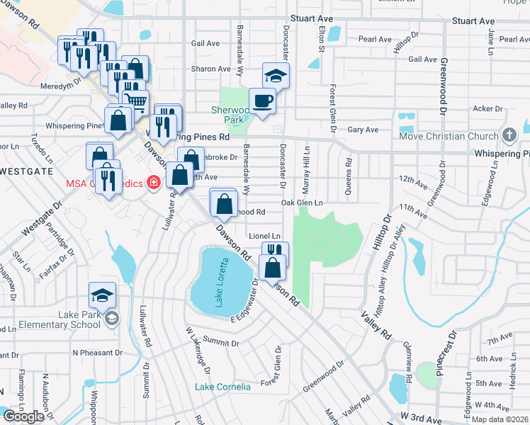 map of restaurants, bars, coffee shops, grocery stores, and more near 2266a Robinhood Road in Albany