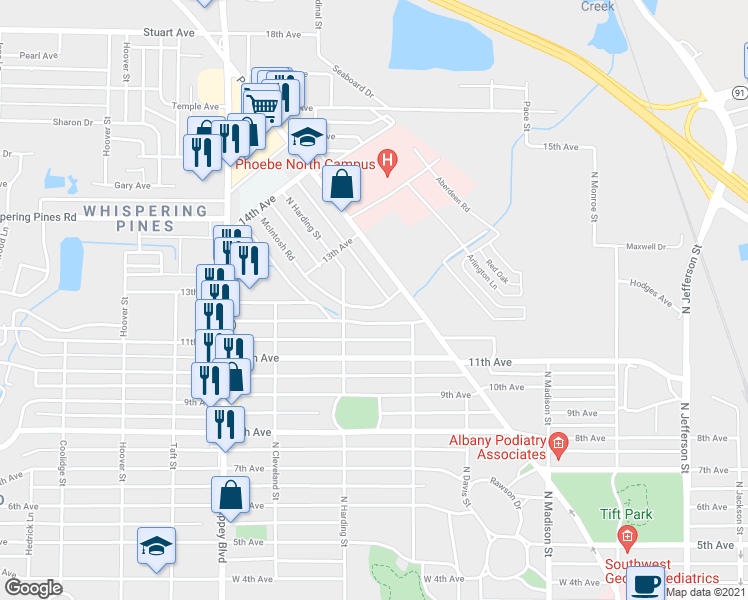 map of restaurants, bars, coffee shops, grocery stores, and more near 809 McIntosh Road in Albany