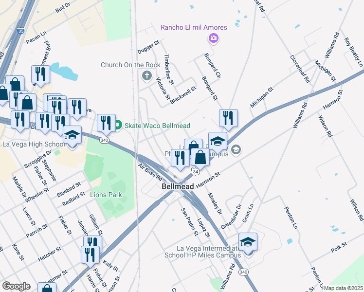map of restaurants, bars, coffee shops, grocery stores, and more near 4120 Bellmead Drive in Waco