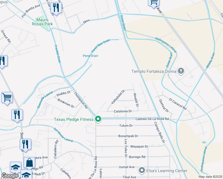 map of restaurants, bars, coffee shops, grocery stores, and more near 12132 Valladolid Drive in San Elizario