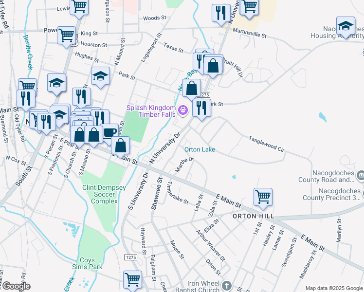 map of restaurants, bars, coffee shops, grocery stores, and more near 1112 Murray Street in Nacogdoches