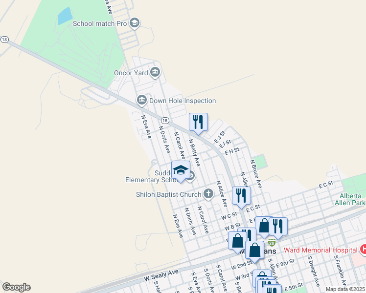 map of restaurants, bars, coffee shops, grocery stores, and more near 901-999 North Betty Avenue in Monahans