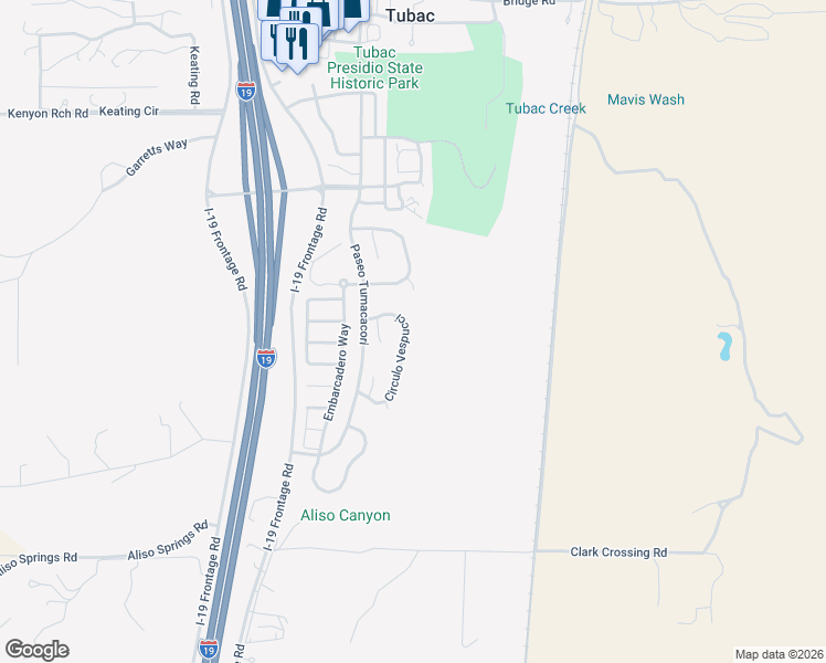 map of restaurants, bars, coffee shops, grocery stores, and more near 132 Circulo Vespucci in Tubac