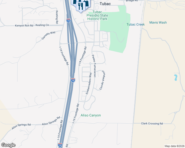 map of restaurants, bars, coffee shops, grocery stores, and more near 2185 Embarcadero Way in Tubac
