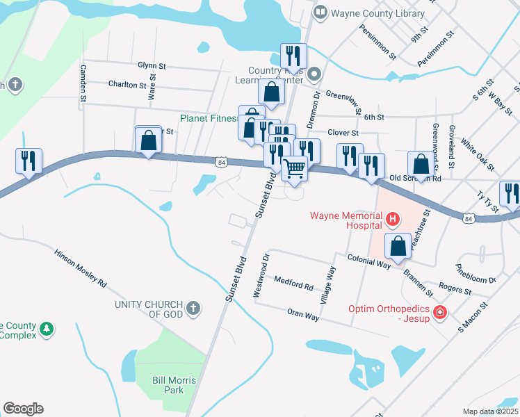 map of restaurants, bars, coffee shops, grocery stores, and more near 1288 Sunset Boulevard in Jesup