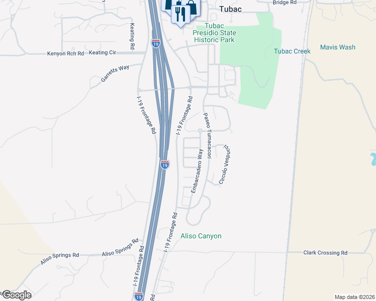 map of restaurants, bars, coffee shops, grocery stores, and more near 612 Post Way in Tubac