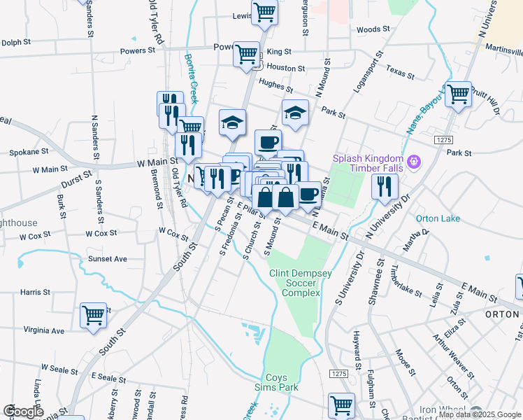 map of restaurants, bars, coffee shops, grocery stores, and more near 417 East Pilar Street in Nacogdoches