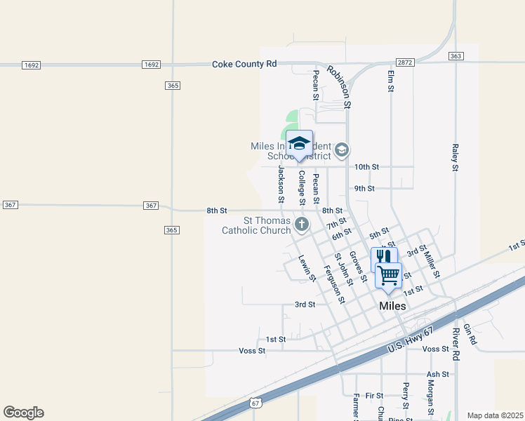 map of restaurants, bars, coffee shops, grocery stores, and more near 601 8th Street in Miles