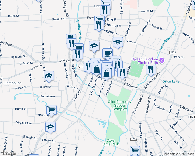 map of restaurants, bars, coffee shops, grocery stores, and more near 214 South Fredonia Street in Nacogdoches