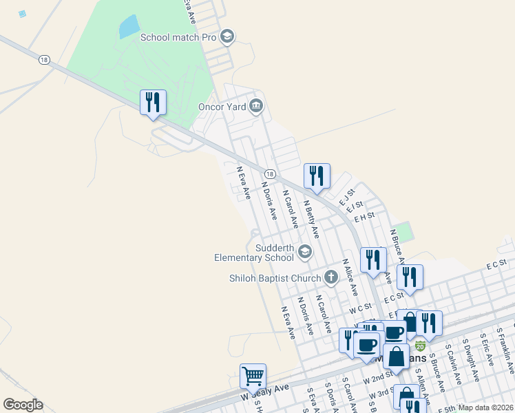 map of restaurants, bars, coffee shops, grocery stores, and more near 1003 North Doris Avenue in Monahans