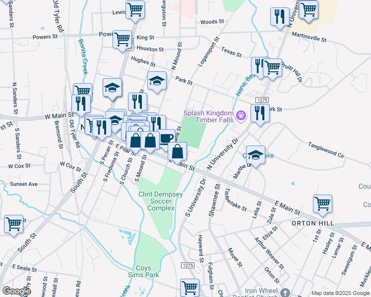 map of restaurants, bars, coffee shops, grocery stores, and more near 808 Swift Street in Nacogdoches