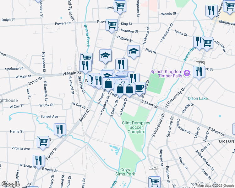 map of restaurants, bars, coffee shops, grocery stores, and more near 417 East Pilar Street in Nacogdoches