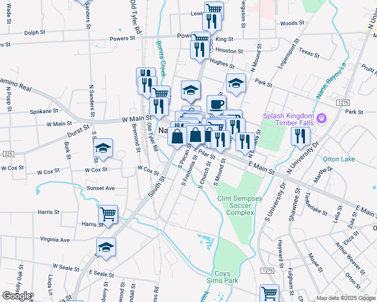 map of restaurants, bars, coffee shops, grocery stores, and more near 202 East Pillar Street in Nacogdoches