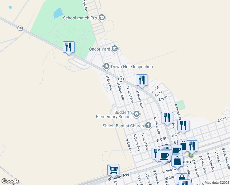 map of restaurants, bars, coffee shops, grocery stores, and more near 1003 North Doris Avenue in Monahans