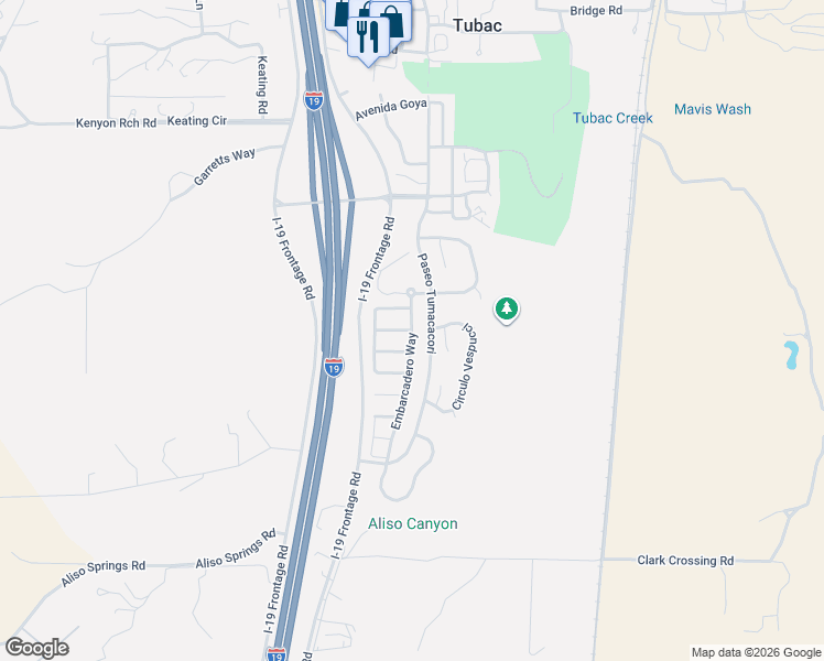 map of restaurants, bars, coffee shops, grocery stores, and more near 2193 Embarcadero Way in Tubac