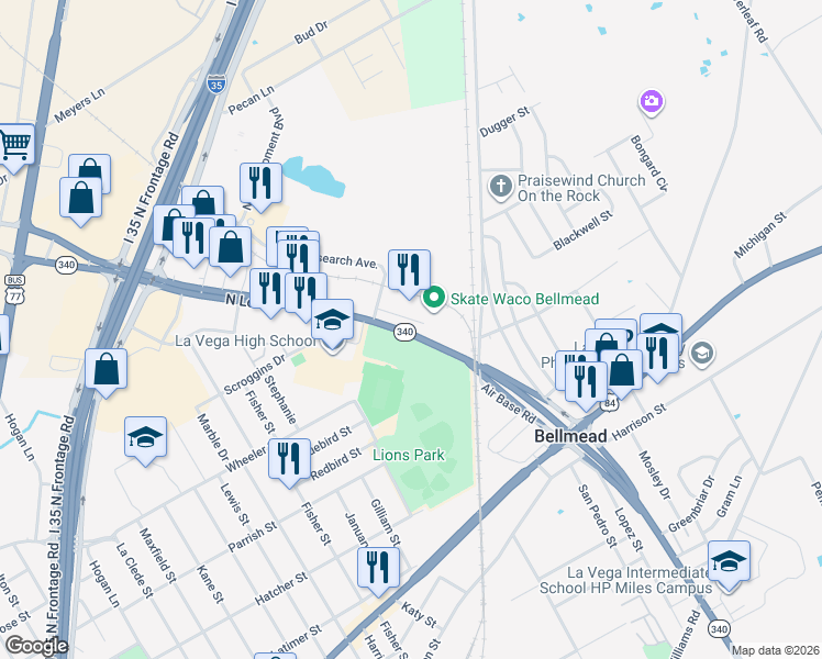 map of restaurants, bars, coffee shops, grocery stores, and more near 500 Texas Loop 340 in Waco