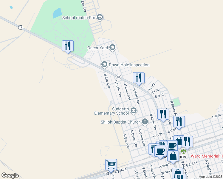 map of restaurants, bars, coffee shops, grocery stores, and more near 1003 North Doris Avenue in Monahans