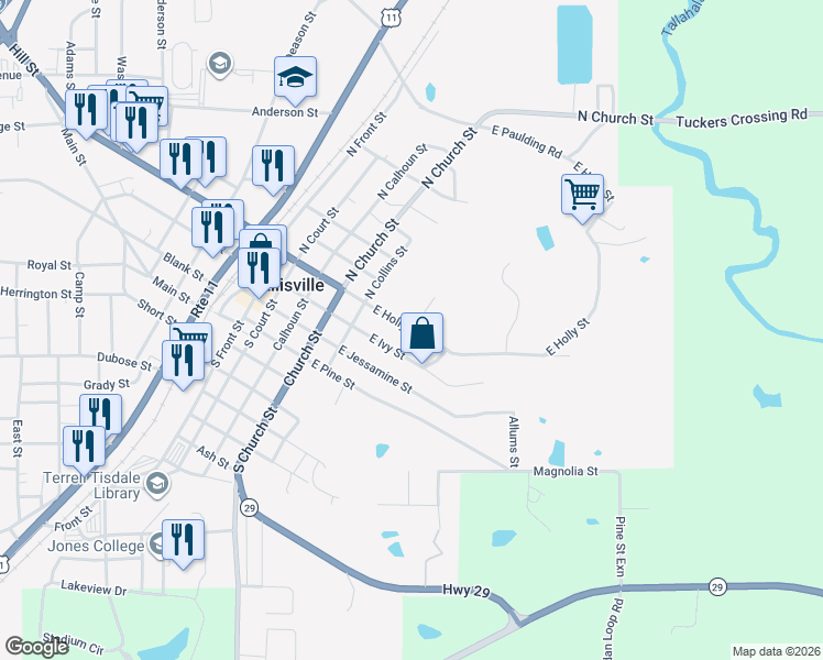 map of restaurants, bars, coffee shops, grocery stores, and more near 201 Webb Street in Ellisville