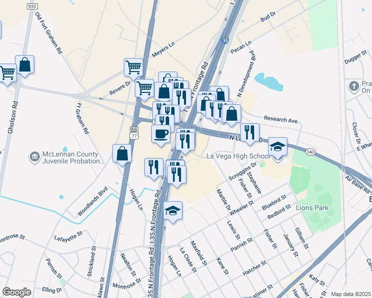 map of restaurants, bars, coffee shops, grocery stores, and more near in Waco