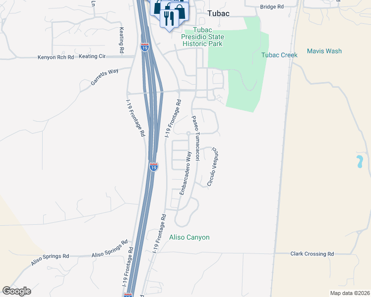 map of restaurants, bars, coffee shops, grocery stores, and more near 612 Post Way in Tubac