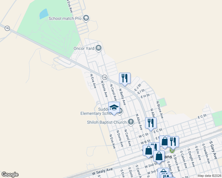 map of restaurants, bars, coffee shops, grocery stores, and more near 900-1098 North Doris Avenue in Monahans
