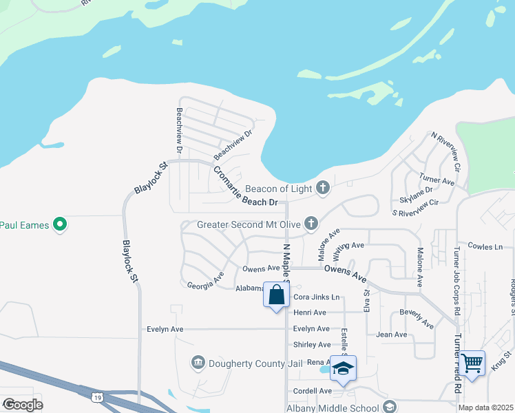 map of restaurants, bars, coffee shops, grocery stores, and more near 1410 Cromartie Beach Drive in Albany