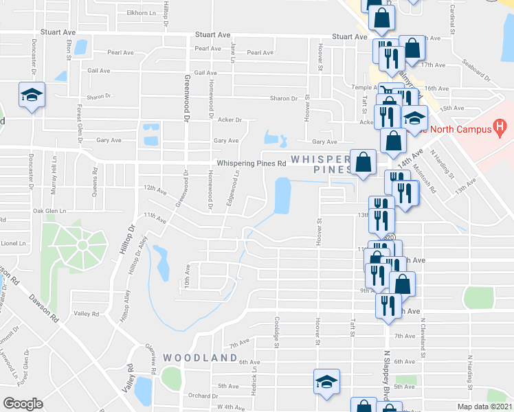 map of restaurants, bars, coffee shops, grocery stores, and more near 1404 Whispering Pines Road in Albany