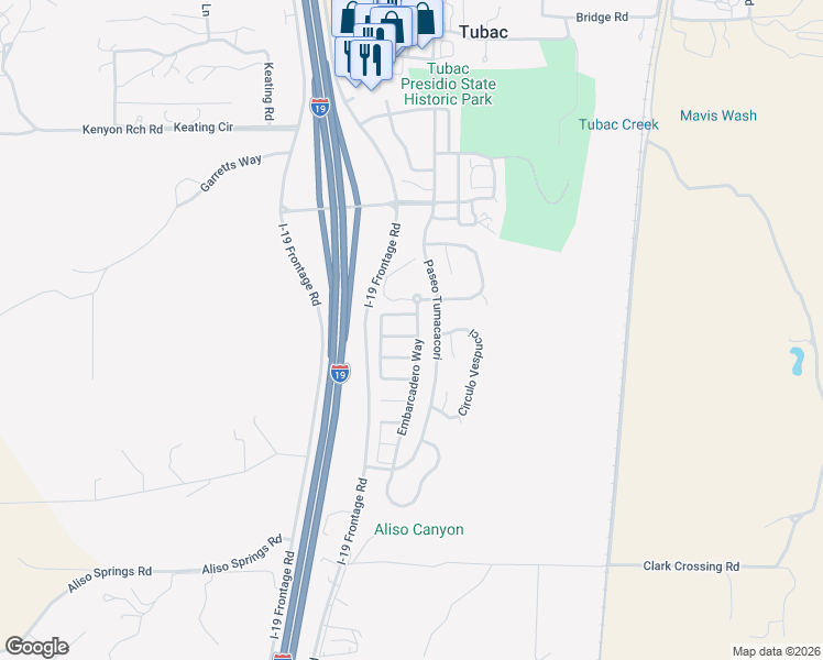 map of restaurants, bars, coffee shops, grocery stores, and more near 2185 Embarcadero Way in Tubac