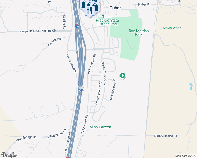 map of restaurants, bars, coffee shops, grocery stores, and more near 2185 Embarcadero Way in Tubac