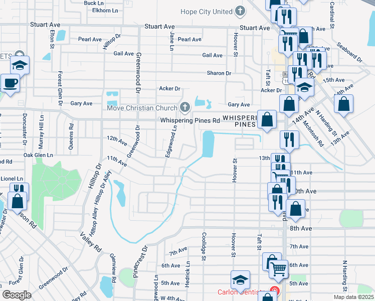 map of restaurants, bars, coffee shops, grocery stores, and more near 1402 Whispering Pines Road in Albany