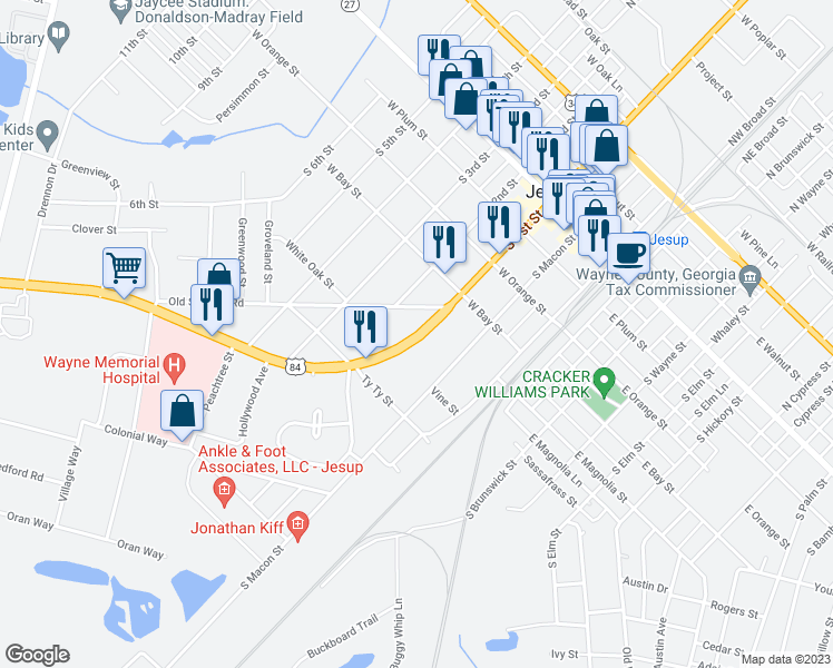 map of restaurants, bars, coffee shops, grocery stores, and more near 802 South 1st Street in Jesup