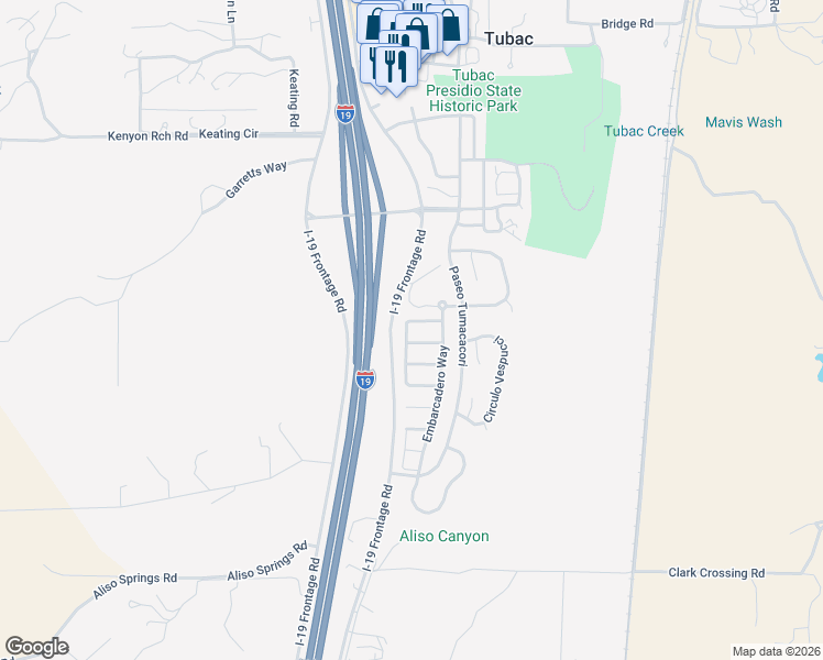 map of restaurants, bars, coffee shops, grocery stores, and more near 502 Post Way in Tubac