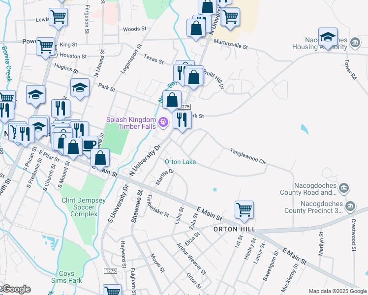 map of restaurants, bars, coffee shops, grocery stores, and more near 342 North University Drive in Nacogdoches