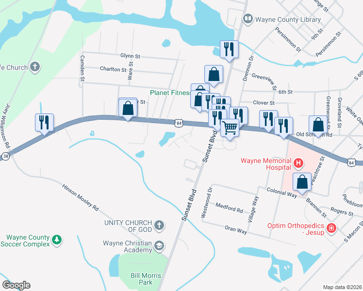 map of restaurants, bars, coffee shops, grocery stores, and more near 1201 South 1st Street in Jesup