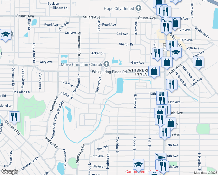 map of restaurants, bars, coffee shops, grocery stores, and more near 1402 Whispering Pines Road in Albany