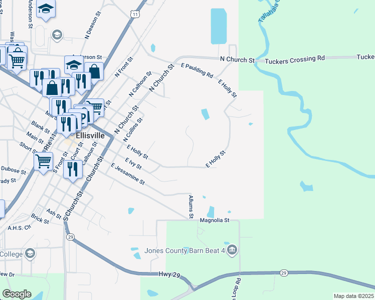 map of restaurants, bars, coffee shops, grocery stores, and more near 101 Moss Drive in Ellisville